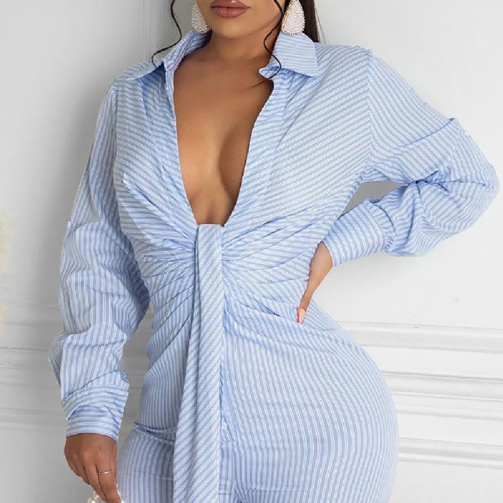 Body rayé à manches longues et cravate en V profond - SpencerFashion