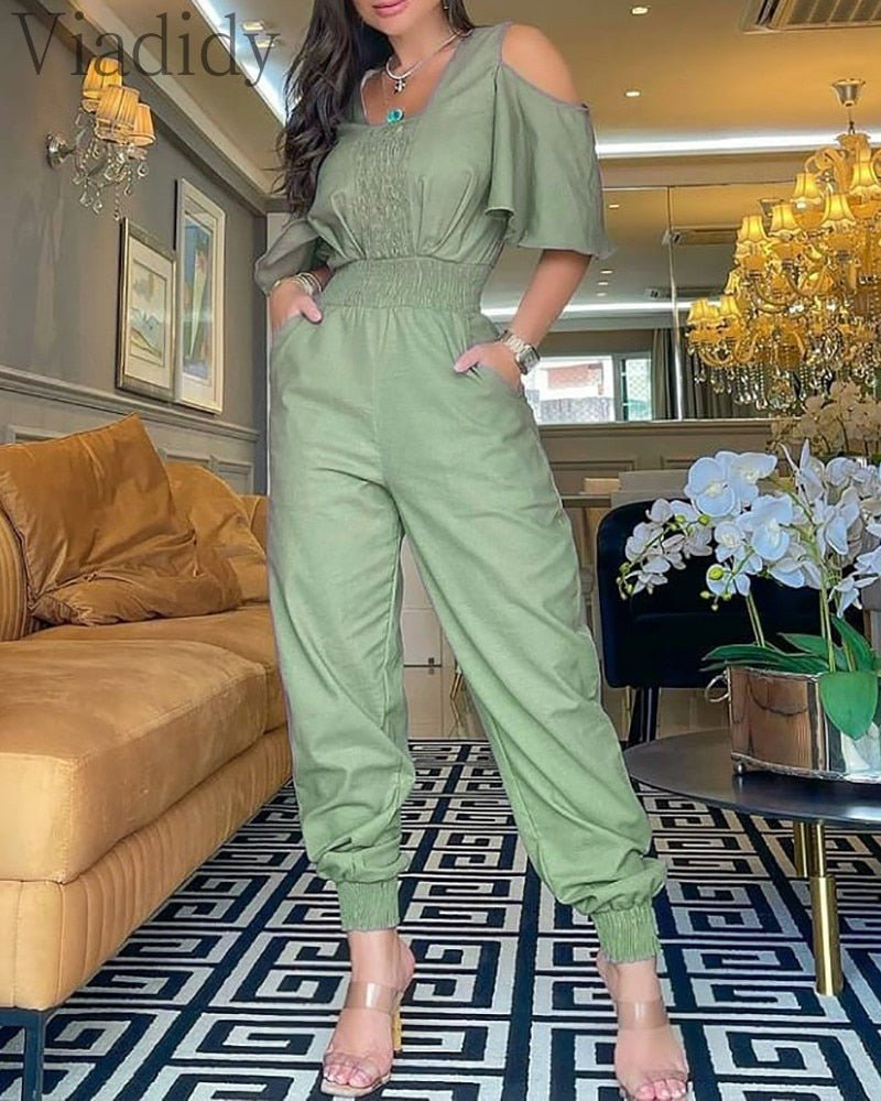 Combinaison à taille haute froncée de couleur unie pour femmes décontractées et sans épaules - SpencerFashion