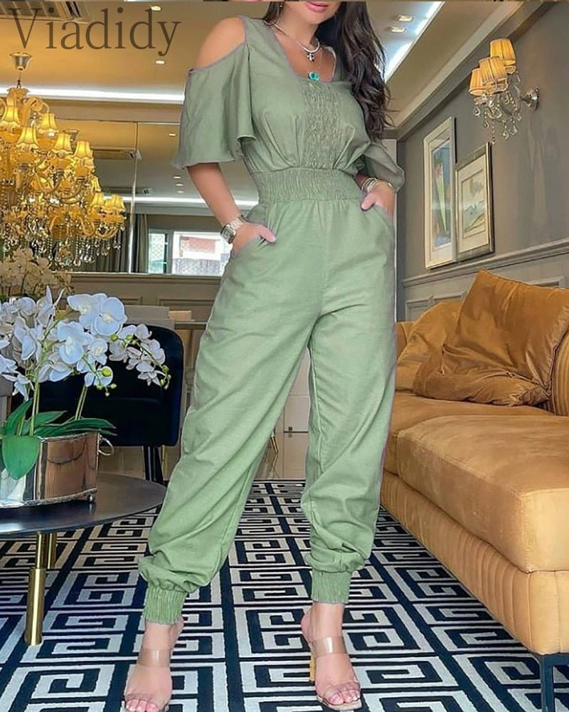 Combinaison à taille haute froncée de couleur unie pour femmes décontractées et sans épaules - SpencerFashion