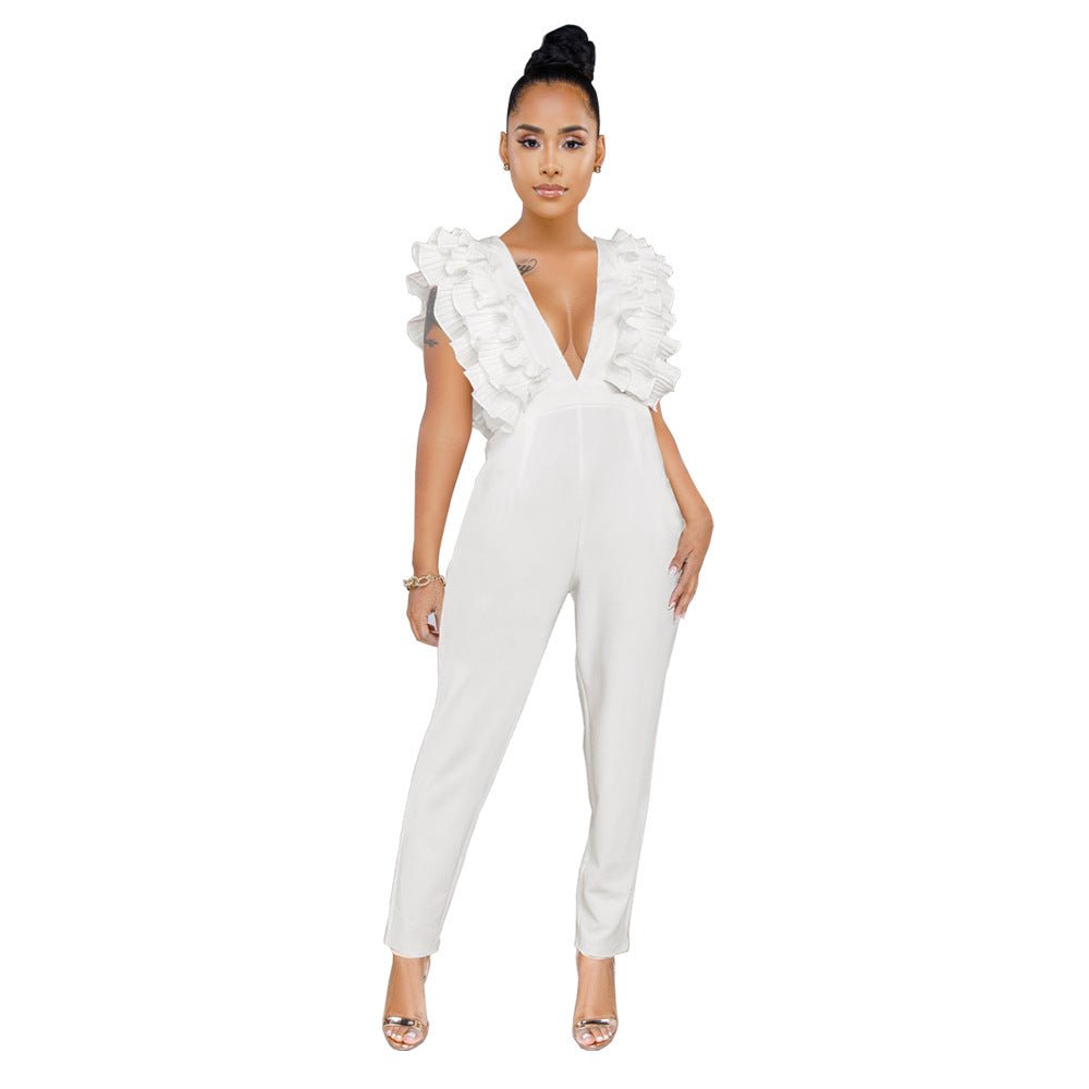 Combinaison de couleur unie à col en V profond - SpencerFashion