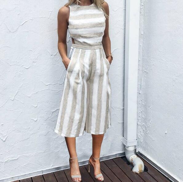 Combinaison en coton et lin à 7 points à jambes larges - SpencerFashion