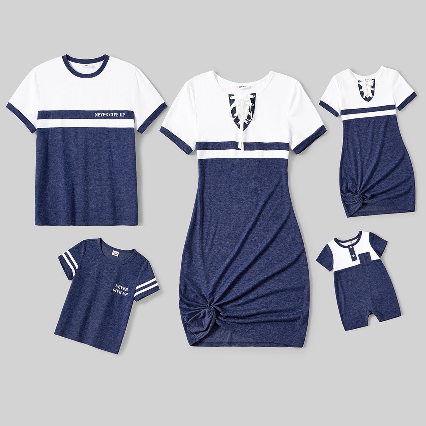 Family Matching Colorblock Lace-up V Neck Short-sleeve Twisk Knot Bodycon Dresses and T-shirts Sets - SpencerFashion