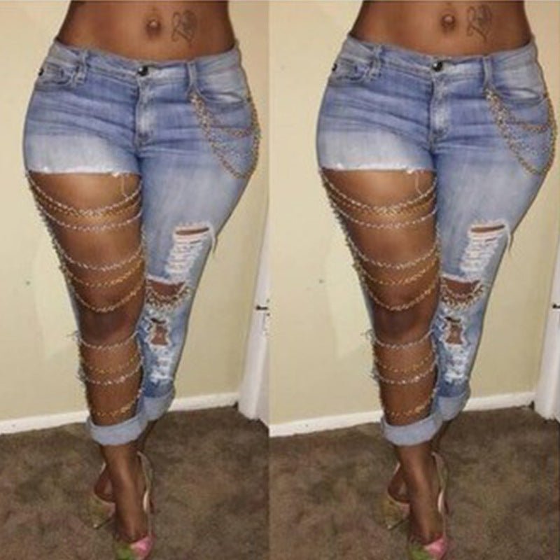 Jeans à chaîne avec trous décontractés - SpencerFashion