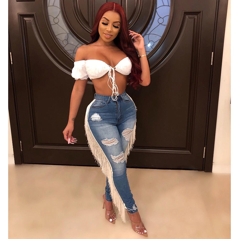 Jean décontracté à volants et franges - SpencerFashion