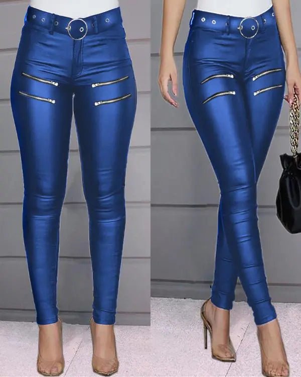 Pantalon skinny en cuir PU à taille haute avec fermeture éclair - SpencerFashion