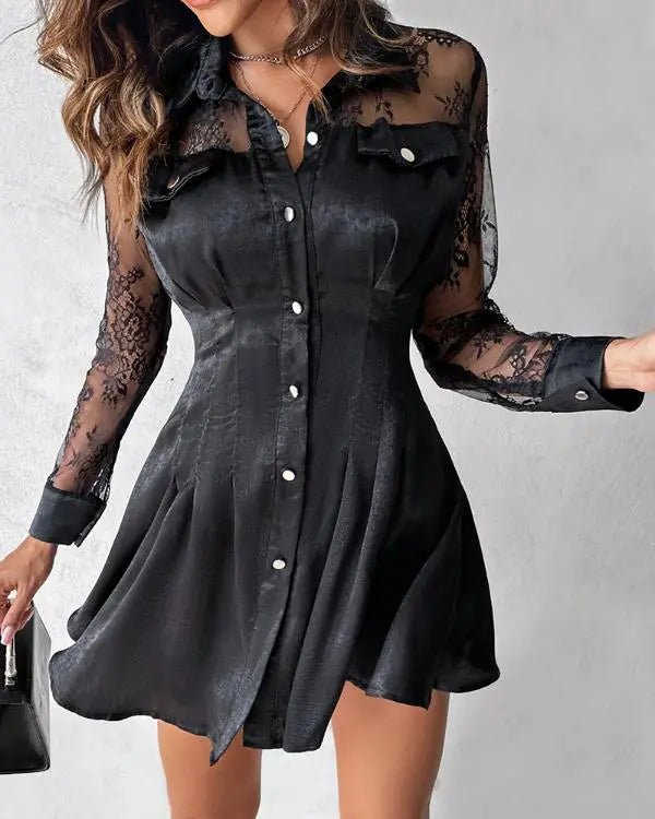 Robe chemise boutonnée à manches longues en dentelle contrastante - SpencerFashion