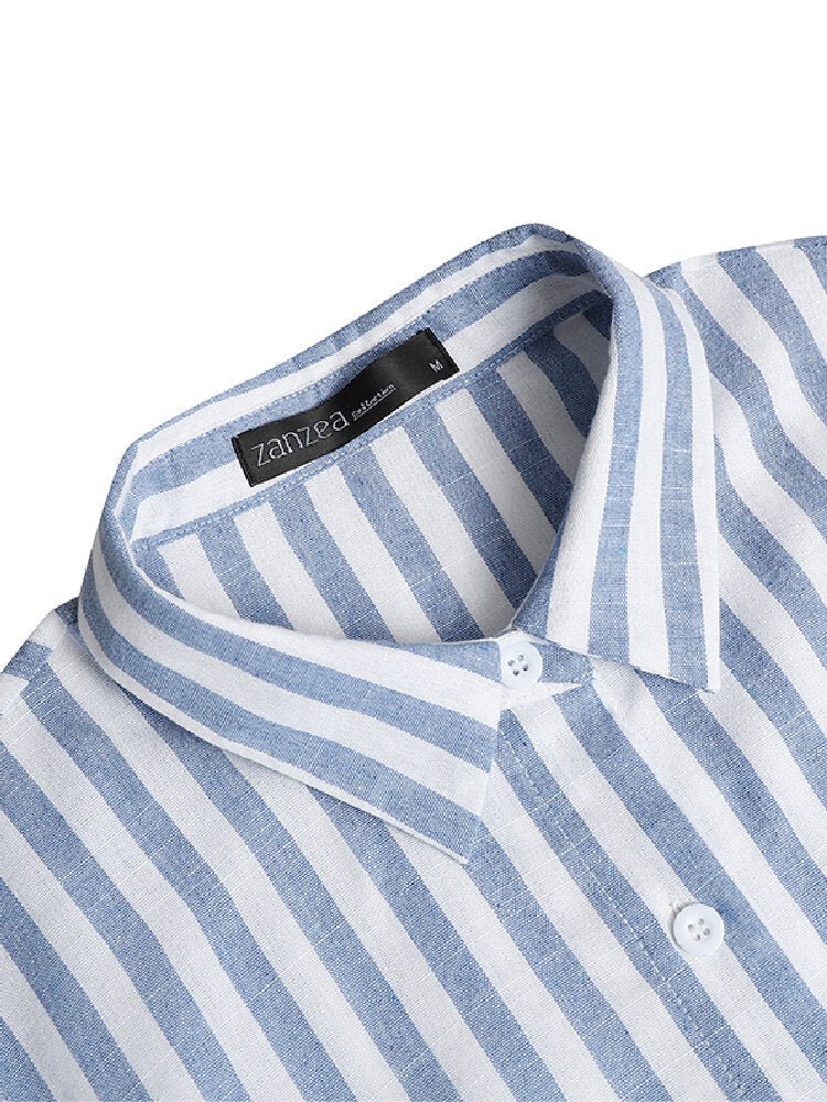 Robe chemise d&eacutecontract&eacutee en coton 100% avec imprim&eacute ray&eacute classique, col en dentelle et boutons &agrave l'avant. - SpencerFashion