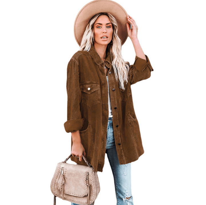 Veste chemise mi-longue décontractée à revers - SpencerFashion