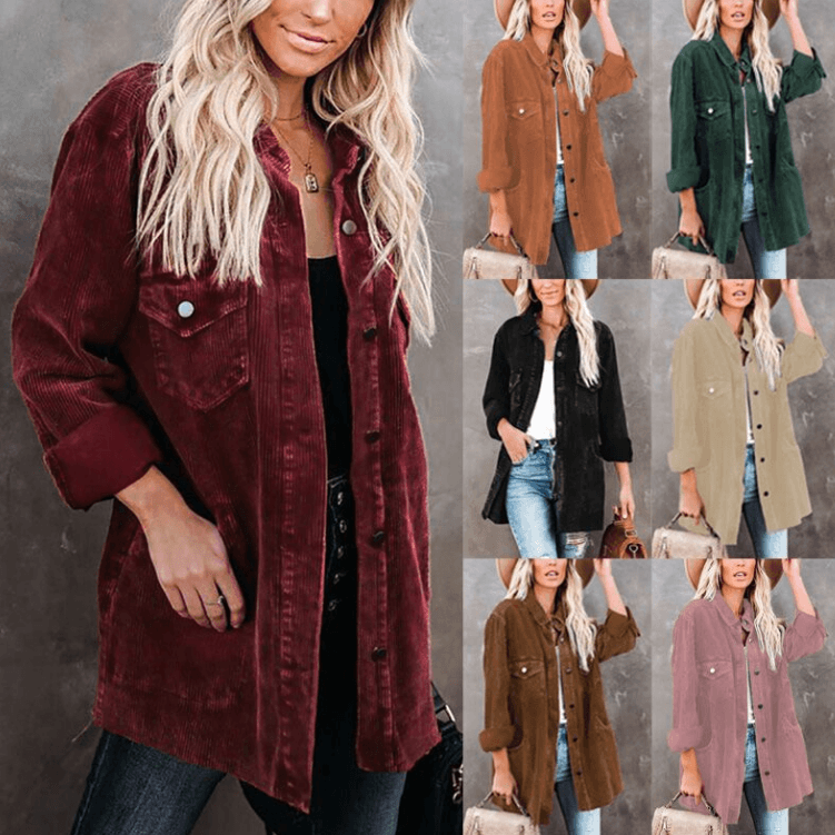 Veste chemise mi-longue décontractée à revers - SpencerFashion