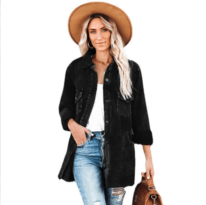 Veste chemise mi-longue décontractée à revers - SpencerFashion